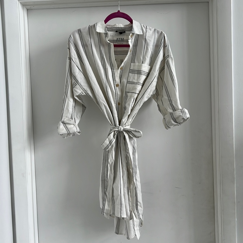 ATM Belted Striped Cotton Mini Shirt Dress